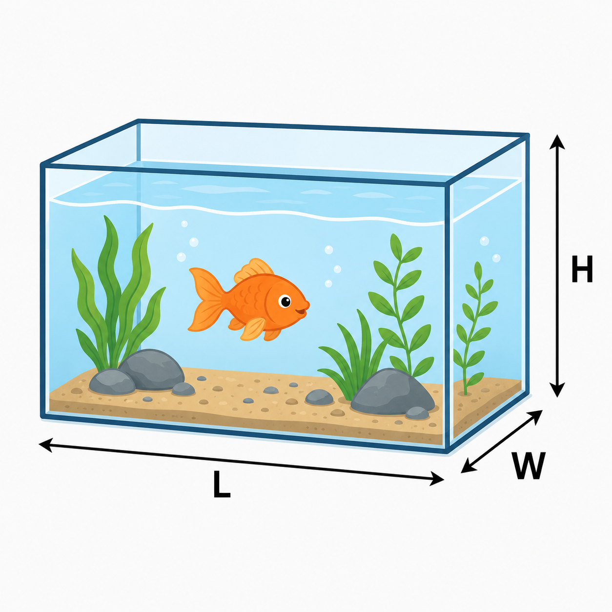 A rectangular fish tank with length, width and height marked.